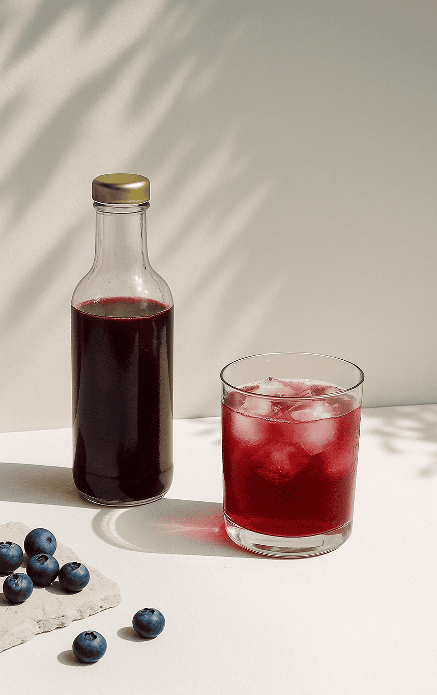 photo de mise en scène avec bouteille contenant un cordial de myrtilles maison idéal pour les cocktails studio aurelia cordiez